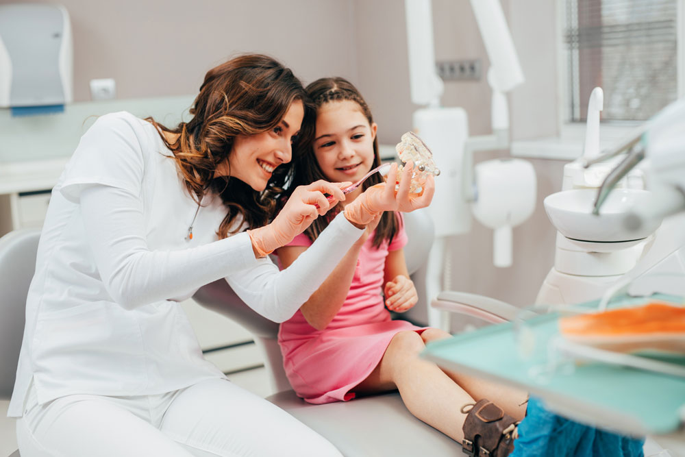 Female dentist showing a young female child fake teeth
